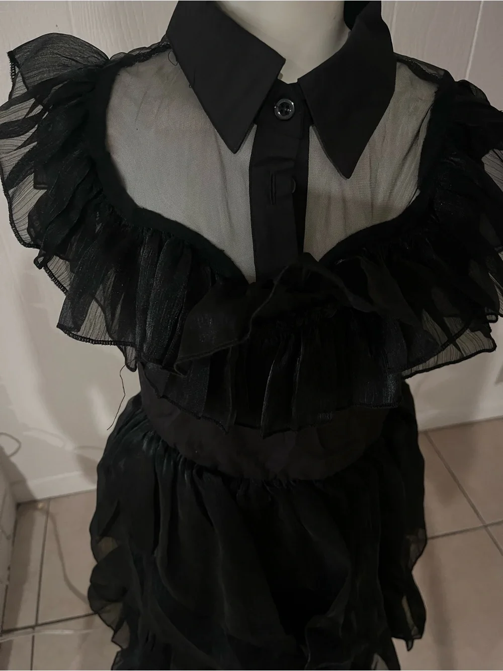 Black Ruffled Tiered Sheer Midi Dress